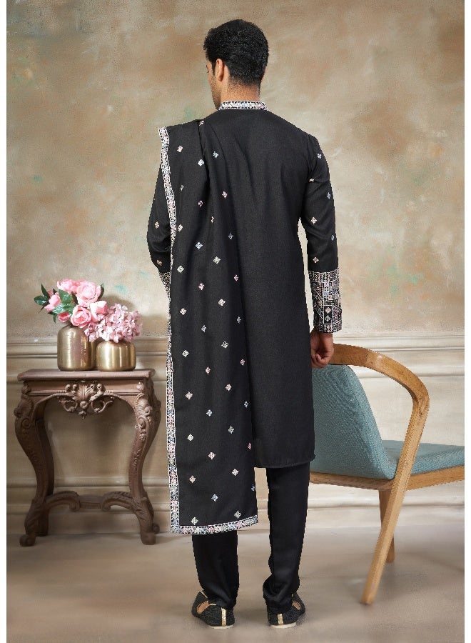 OUTLUK Black Embroidered Kurta with Pajama for Men - Image 2